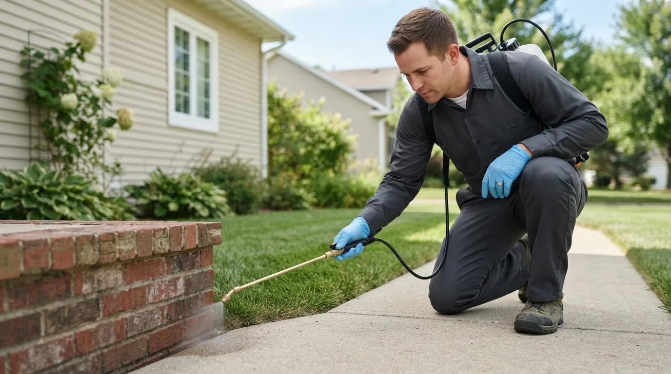 Pest control technician treating a home near Fargo, ND